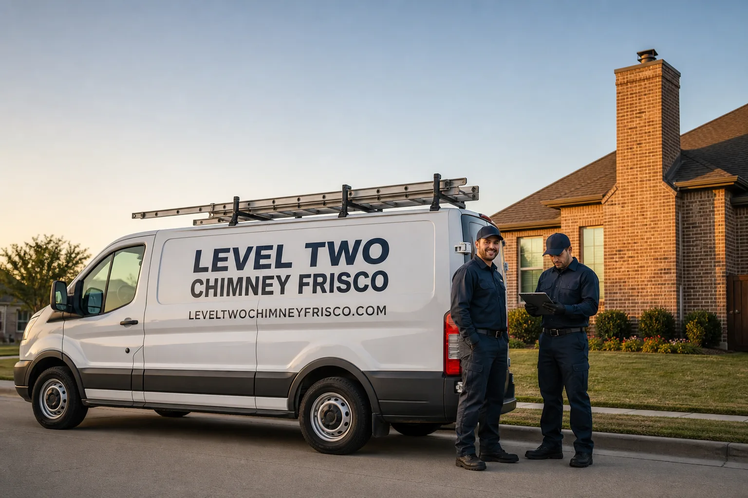 Level Two Chimney Frisco chimney cleaning service vehicle and crew in Frisco, TX